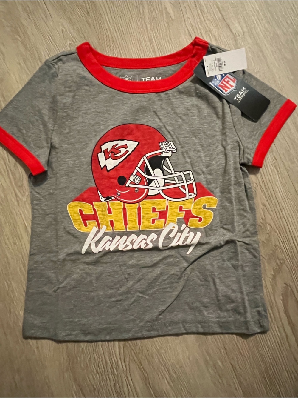 NFL Kansas City Chiefs Youth Gray Ringer Tee with Red Trim and Yellow Logo